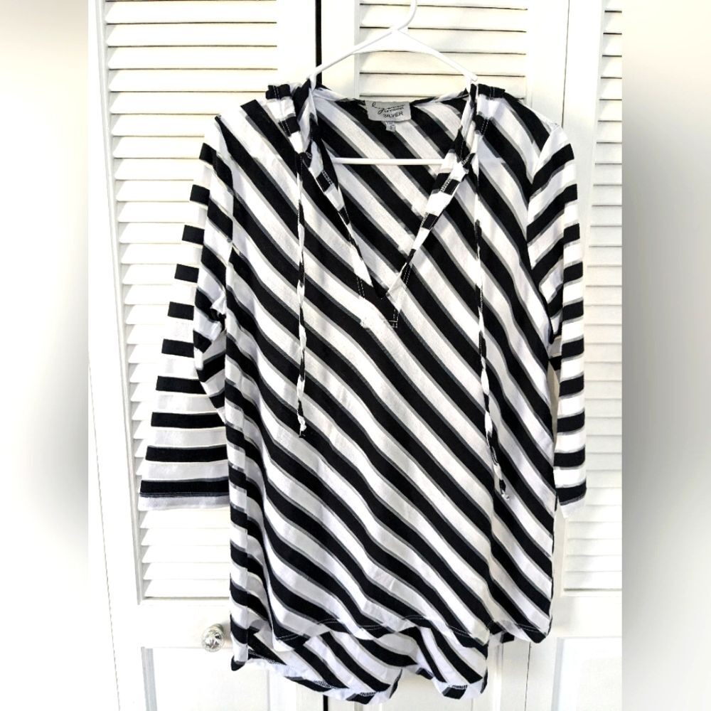 Lynn Ritchie Silver Top Womens sz S Striped Hooded Tunic Black/White/Mesh Casual